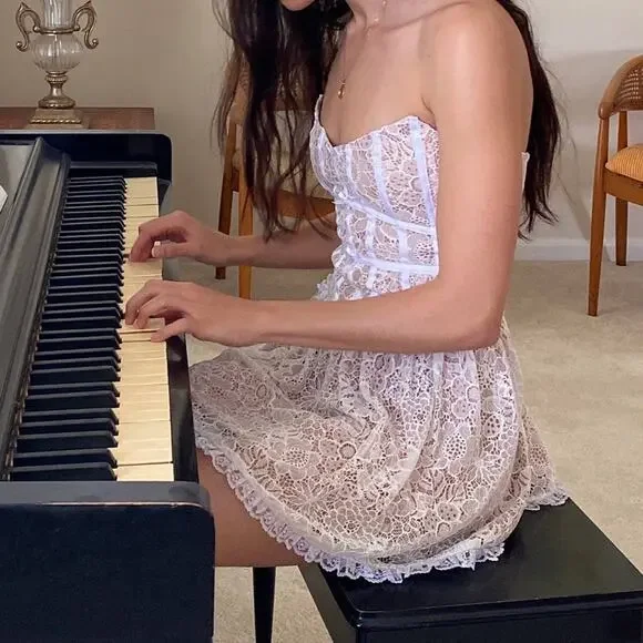 For Love & Lemons Jelena White Tan Lace Strapless Mini Dress Women’s Size Medium - Picture 12 of 14